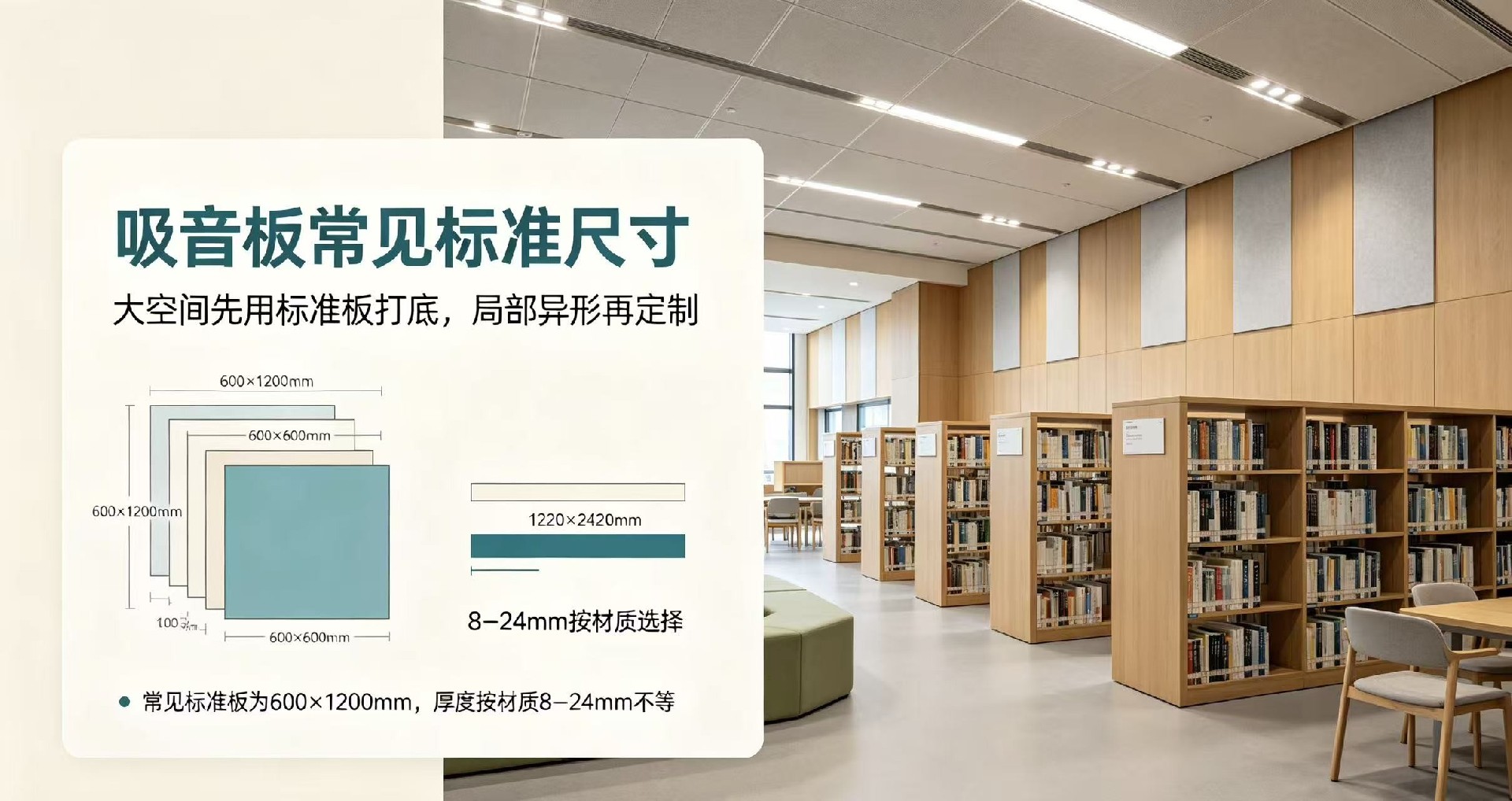 图书馆吸音板标准尺寸是多少,能不能定制?大空间异形怎么排版?