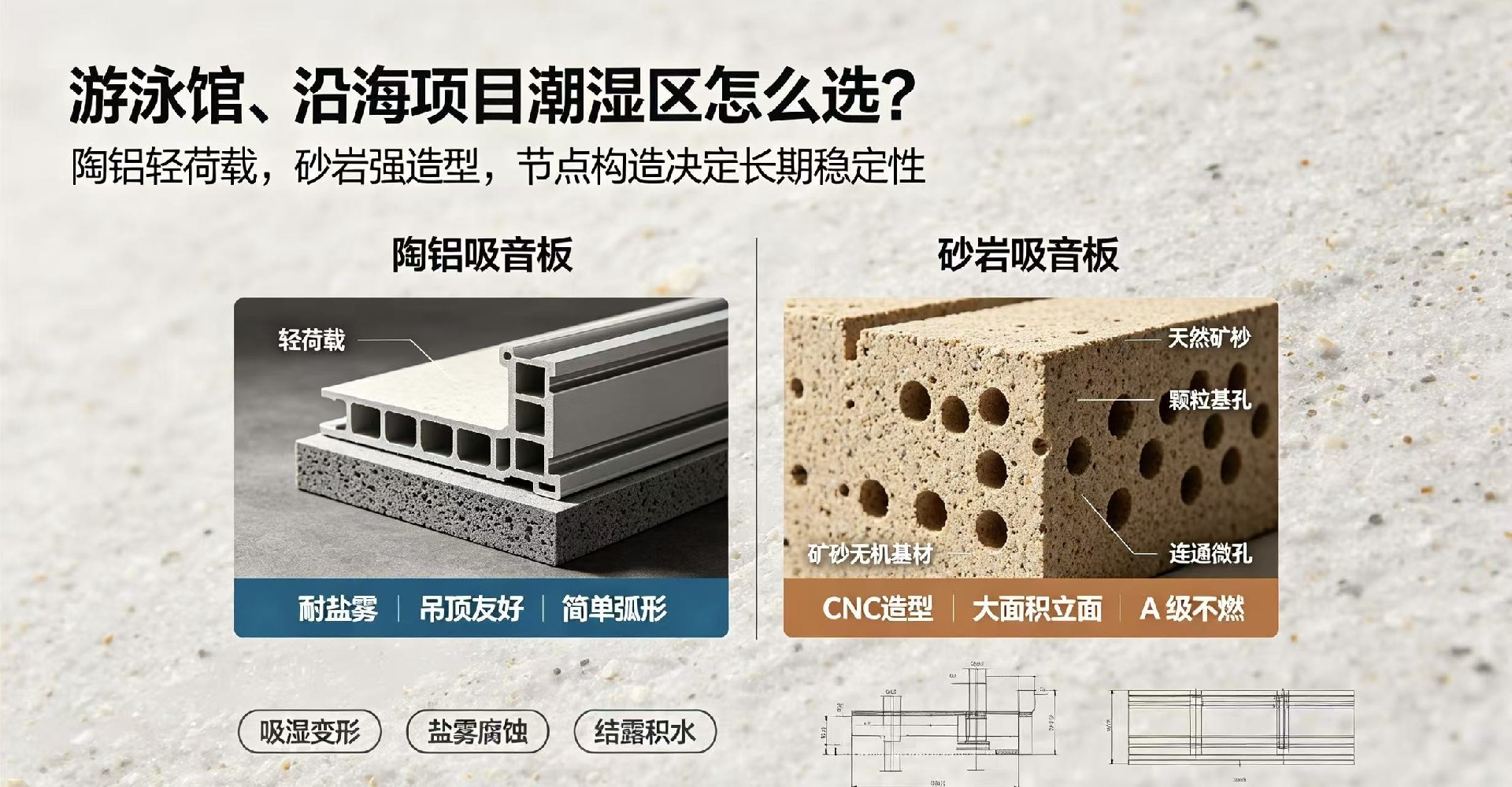 游泳馆、沿海项目潮湿区，陶铝与砂岩吸音板该怎么选？